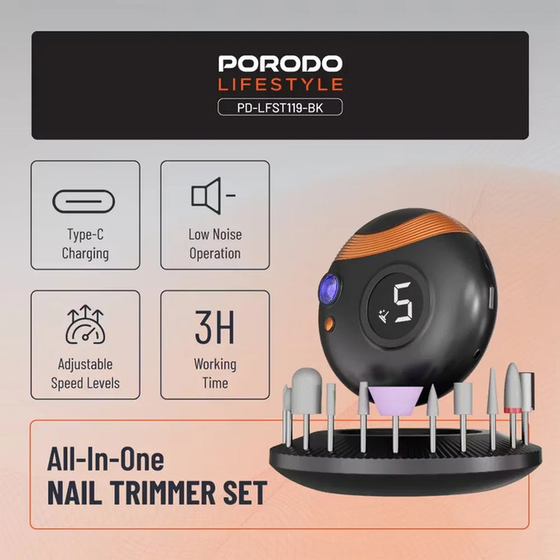 Porodo Lifestyle All-In-One Nail Trimmer Set 400mAh Type-C Charging – Black