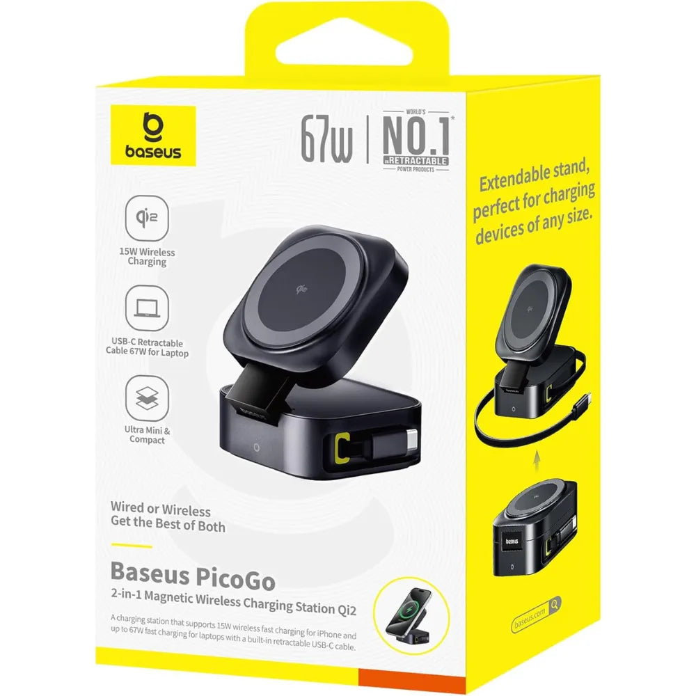 Baseus PicoGo Series Qi2 Wireless Charger, 15W Magnetic Charging Stand with 67W Retractable USB-C Cable, 2-in-1 Fast Charging