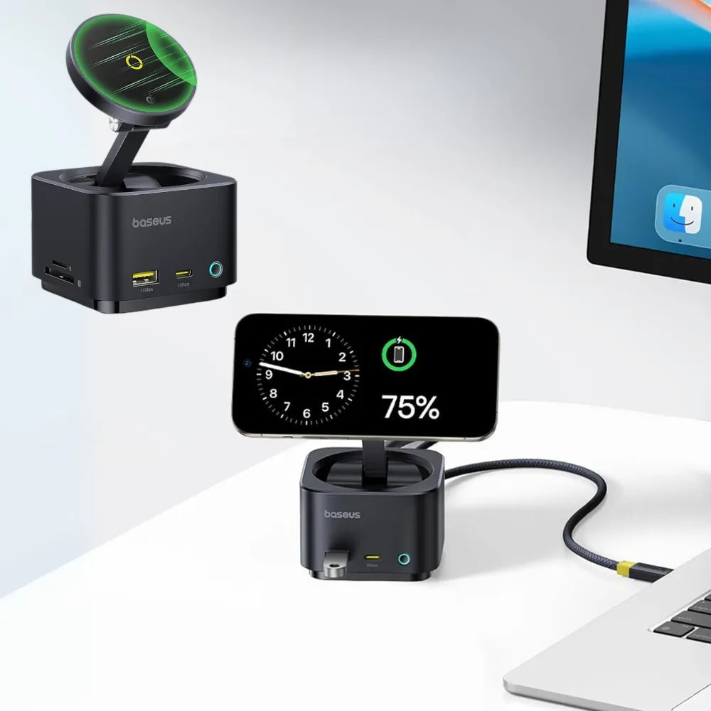 Baseus MagPro II 7-in-1 USB-C Hub with Qi2 15W Wireless Charger, 4K@60Hz HDMI, PD100W, USB 3.2 10Gbps, SD/MicroSD Slots, Magnetic Stand