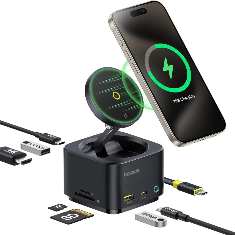Baseus MagPro II 7-in-1 USB-C Hub with Qi2 15W Wireless Charger, 4K@60Hz HDMI, PD100W, USB 3.2 10Gbps, SD/MicroSD Slots, Magnetic Stand