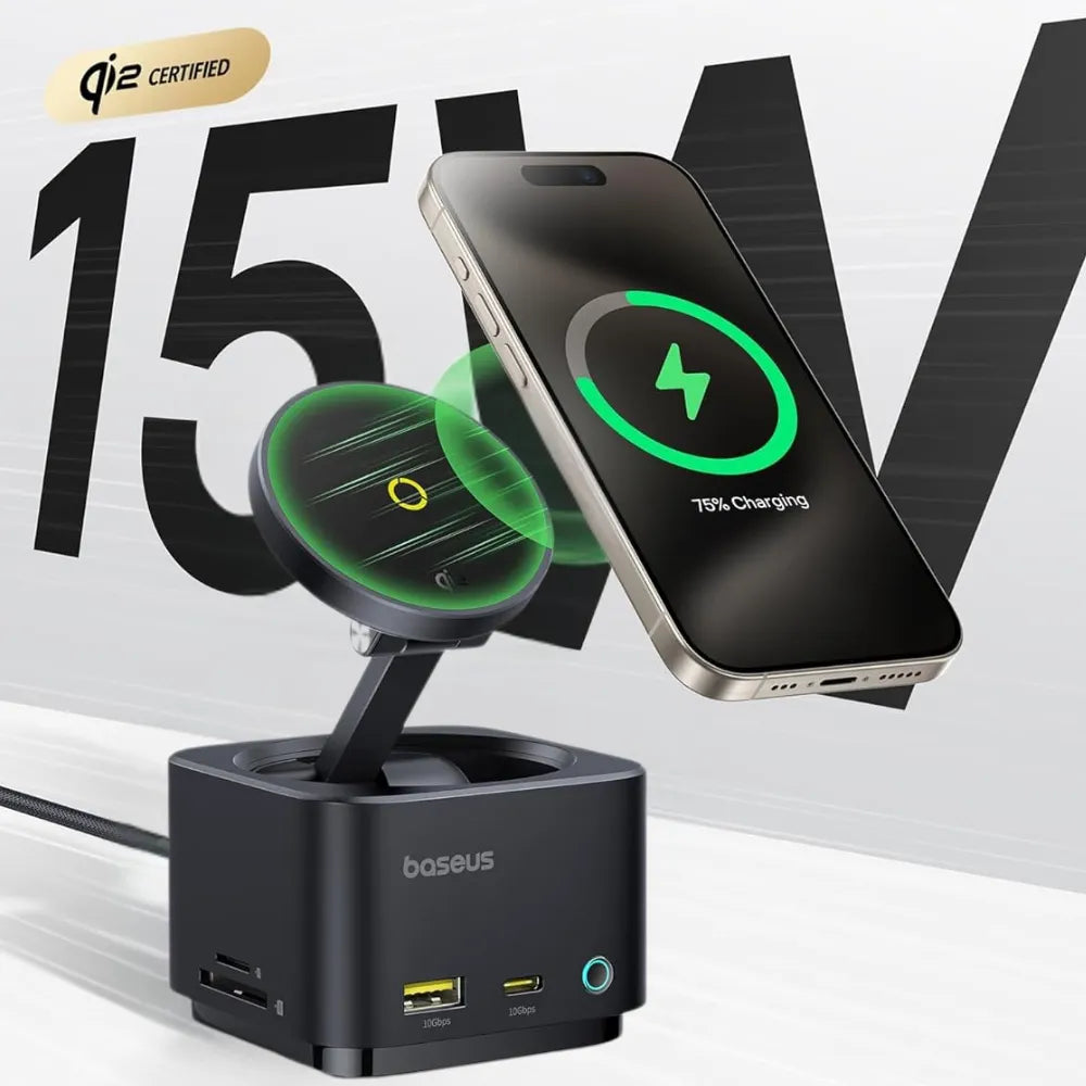 Baseus MagPro II 7-in-1 USB-C Hub with Qi2 15W Wireless Charger, 4K@60Hz HDMI, PD100W, USB 3.2 10Gbps, SD/MicroSD Slots, Magnetic Stand