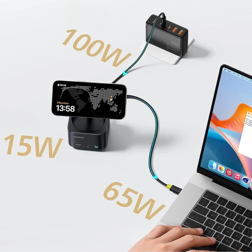 Baseus MagPro II 7-in-1 USB-C Hub with Qi2 15W Wireless Charger, 4K@60Hz HDMI, PD100W, USB 3.2 10Gbps, SD/MicroSD Slots, Magnetic Stand