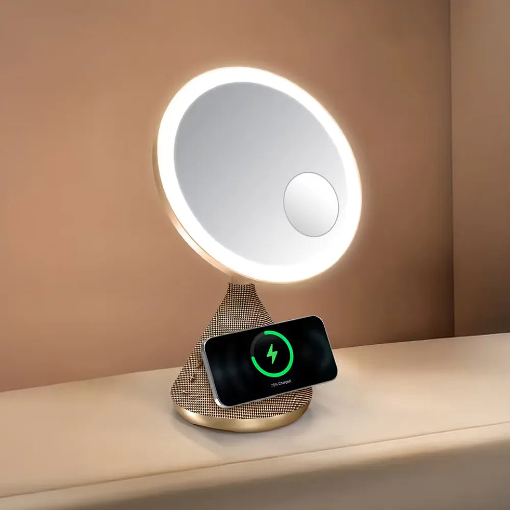 Porodo LED Makeup Mirror with 3 Brightness Levels, Bluetooth Speaker, 15W MagSafe Wireless Charger, USB-C Power Port & 1m Charging Cable