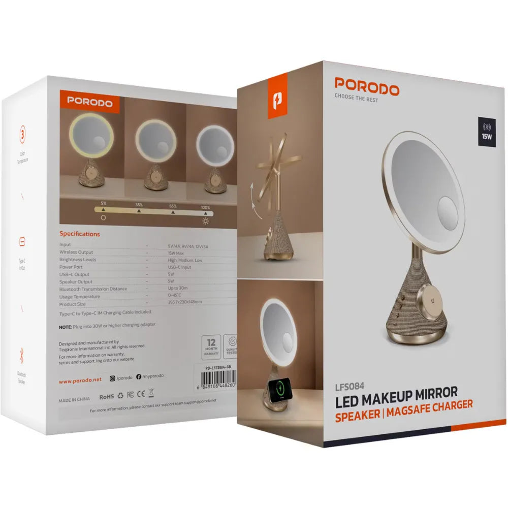 Porodo LED Makeup Mirror with 3 Brightness Levels, Bluetooth Speaker, 15W MagSafe Wireless Charger, USB-C Power Port & 1m Charging Cable