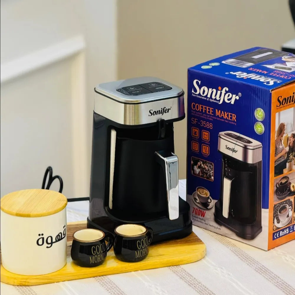 Sonifer SF-3588 Turkish Coffee Maker 4-Cup Capacity, Auto Shut-Off, 700W Power, Paper Filter – Black