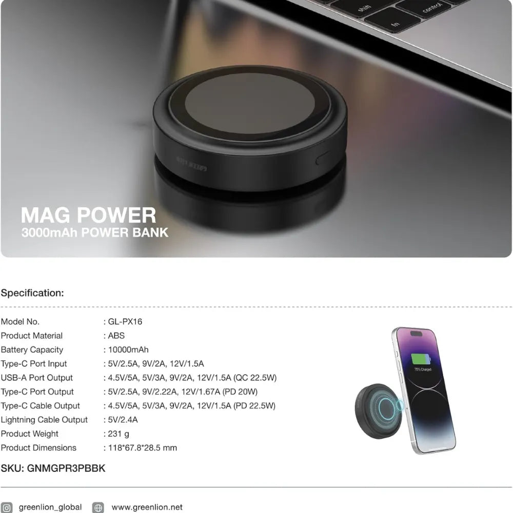 Green Lion MAG Power 3000mAh Power Bank – 10W Output, N52*16 Strong Magnets, LED Indicator, USB-A to Type-C Cable, Type-C Port, MagSafe Compatible – Black