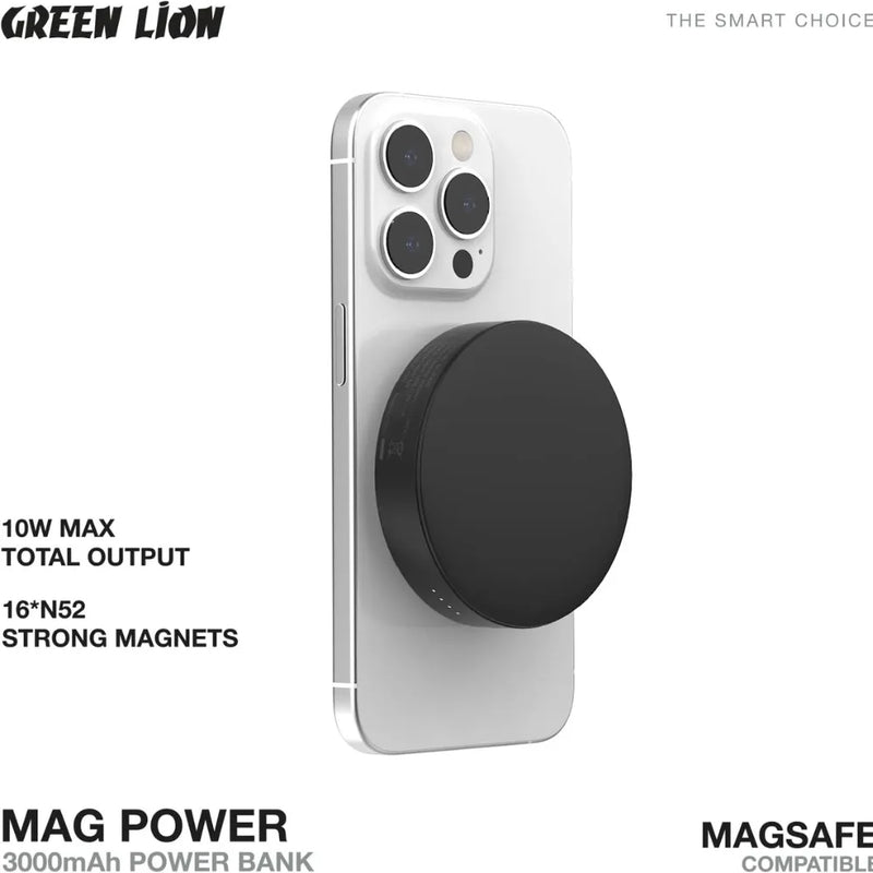 Green Lion MAG Power 3000mAh Power Bank – 10W Output, N52*16 Strong Magnets, LED Indicator, USB-A to Type-C Cable, Type-C Port, MagSafe Compatible – Black