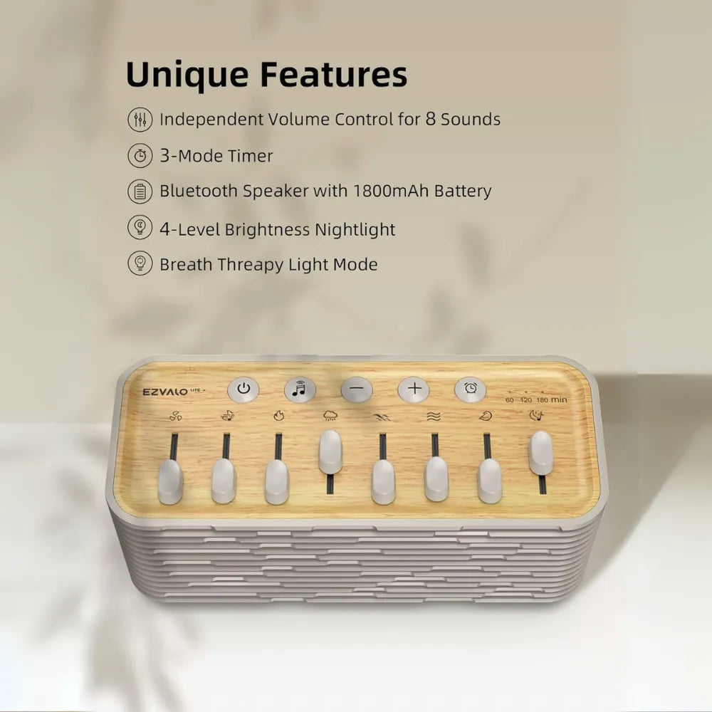 EZVALO Lite White Noise Machine with 255+ Sound Mixes, Night Light & Sleep Timer –10-Hour Battery, Relaxation & Sleep Aid