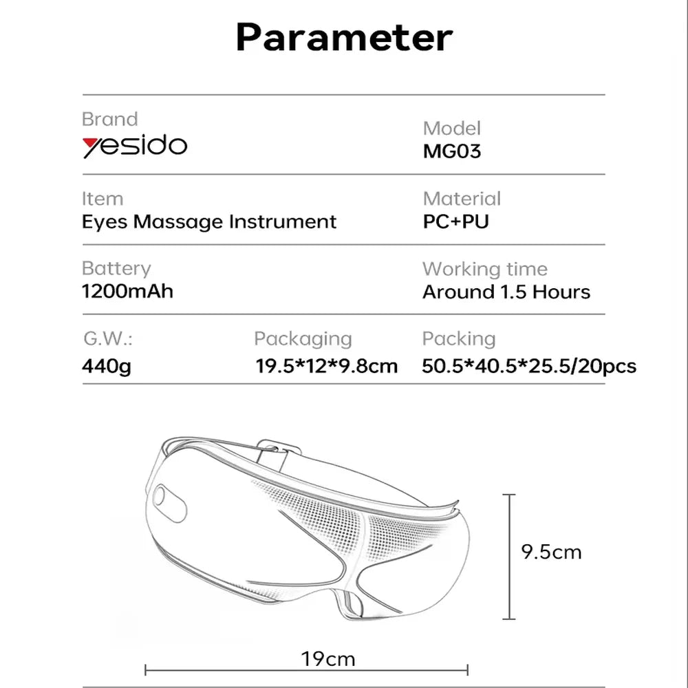 Yesido Intelligent Heat Compress Eye Massager 1200mAh Battery Wireless Bluetooth Sleep Music Type-C Rechargeable