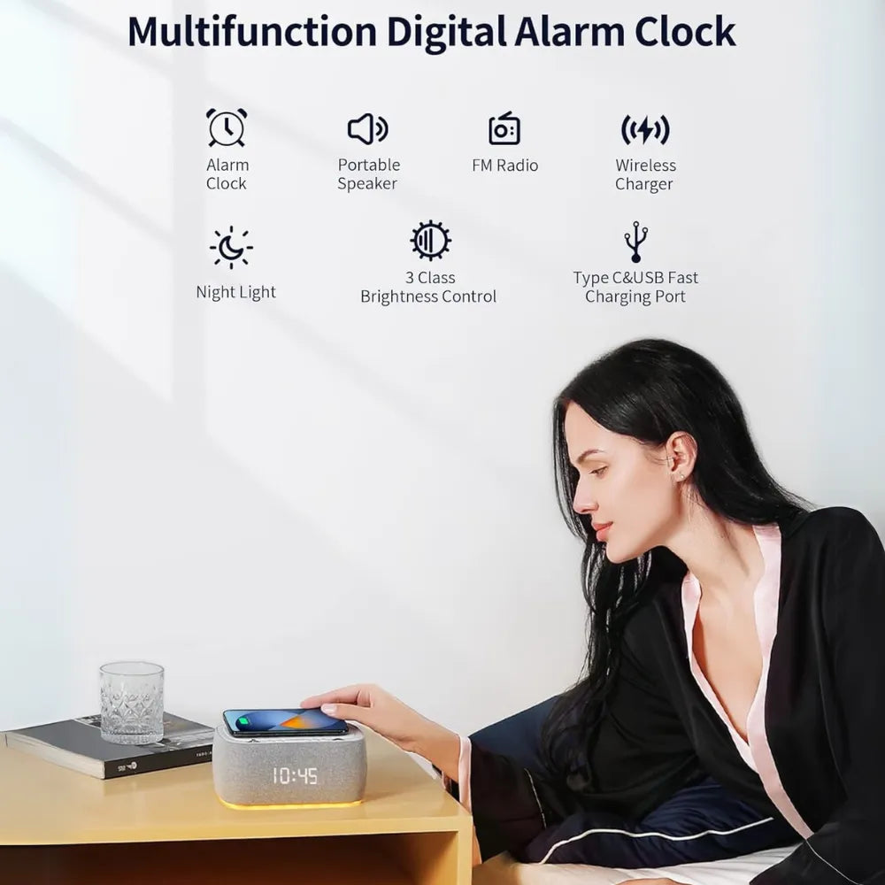 EZVALO Wireless Charging Alarm Clock – Digital Clock Radio with Bluetooth Speaker, 10W Fast Charging, Dual Alarm, FM Radio, USB/Type-C Port & Night Light