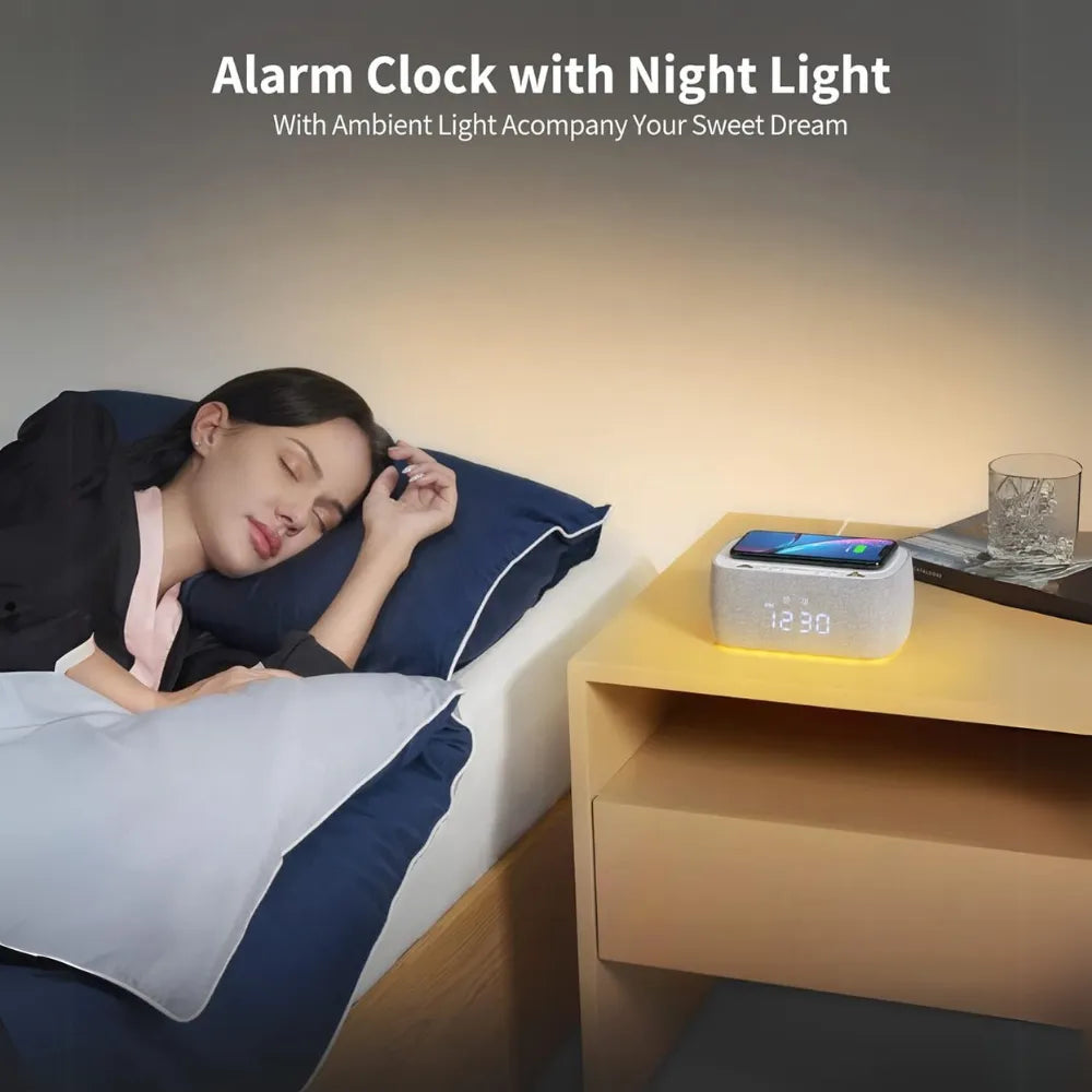 EZVALO Wireless Charging Alarm Clock – Digital Clock Radio with Bluetooth Speaker, 10W Fast Charging, Dual Alarm, FM Radio, USB/Type-C Port & Night Light