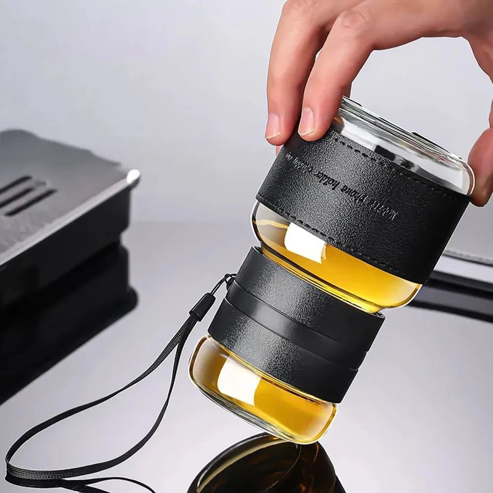 Li Baiyi Double Deck Glass Cup 350ml Borosilicate Glass Double-Walled PU Leather Grip Leak-Proof