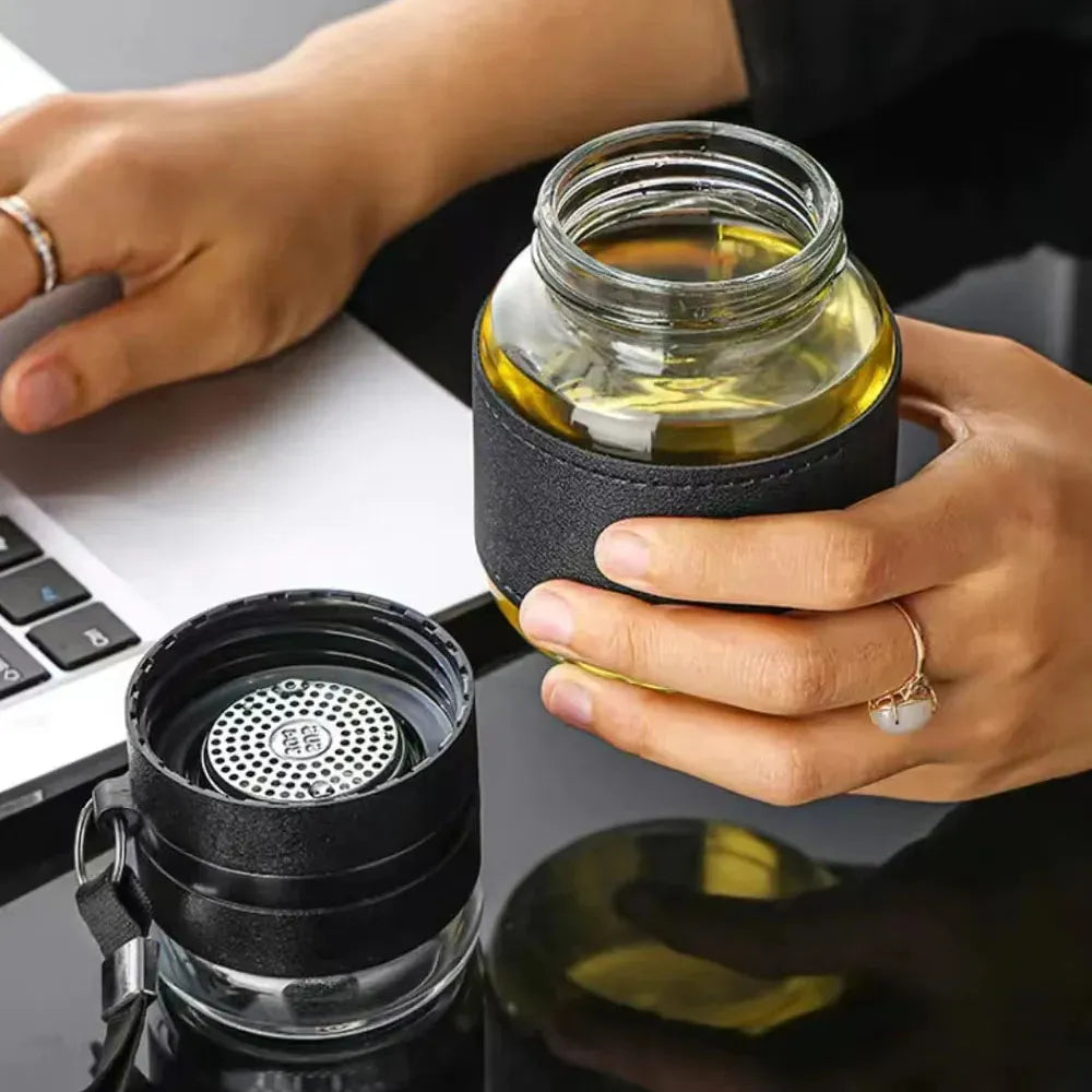 Li Baiyi Double Deck Glass Cup 350ml Borosilicate Glass Double-Walled PU Leather Grip Leak-Proof