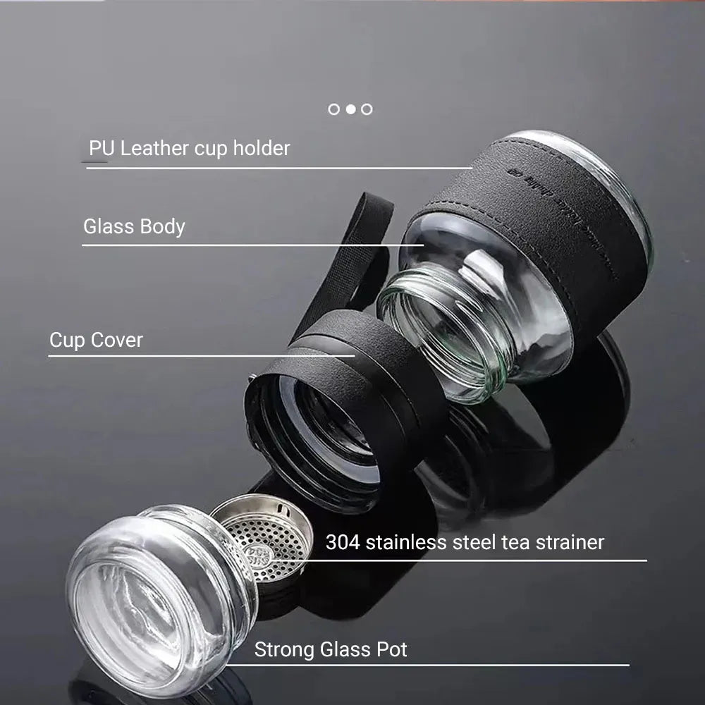 Li Baiyi Double Deck Glass Cup 350ml Borosilicate Glass Double-Walled PU Leather Grip Leak-Proof