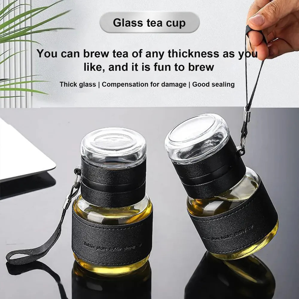 Li Baiyi Double Deck Glass Cup 350ml Borosilicate Glass Double-Walled PU Leather Grip Leak-Proof