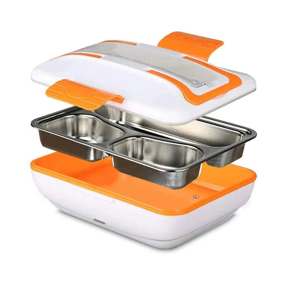 Portable Electric Lunch Box 3-Layer 304 Stainless Steel PTC Heating 12V Car Use - Orange