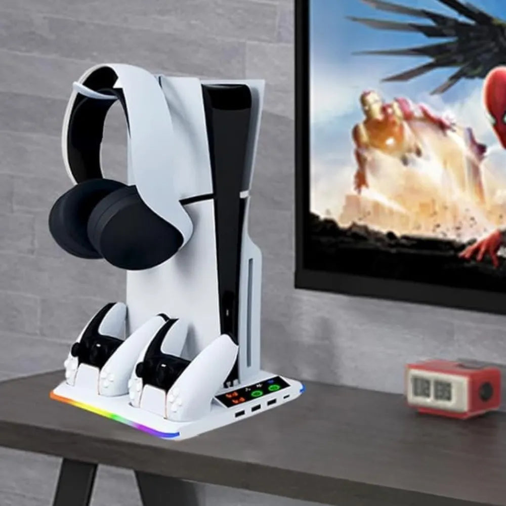 P5 Cooling Stand with RGB LED – Controller Charging Station & 3-Speed Fan for PS5/PS5 Slim/PS5 Pro – White