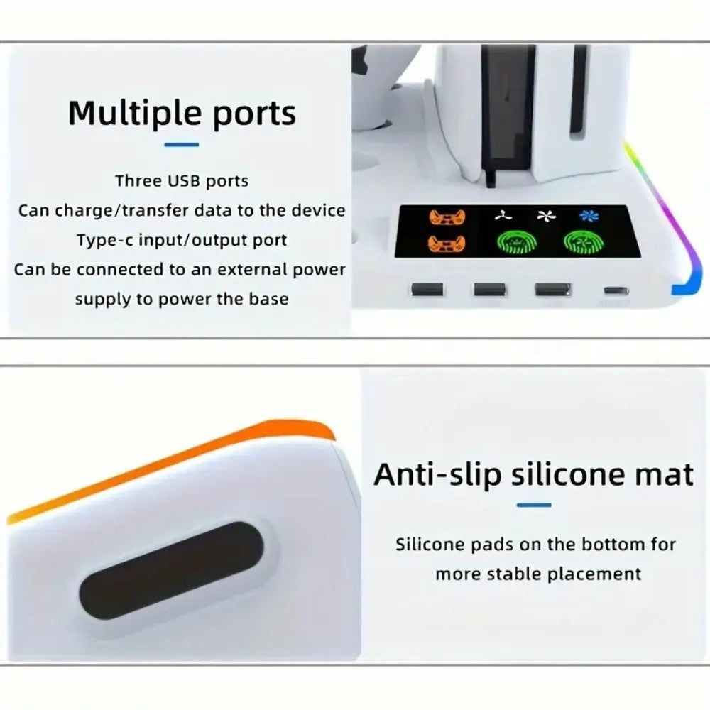 P5 Cooling Stand with RGB LED – Controller Charging Station & 3-Speed Fan for PS5/PS5 Slim/PS5 Pro – White