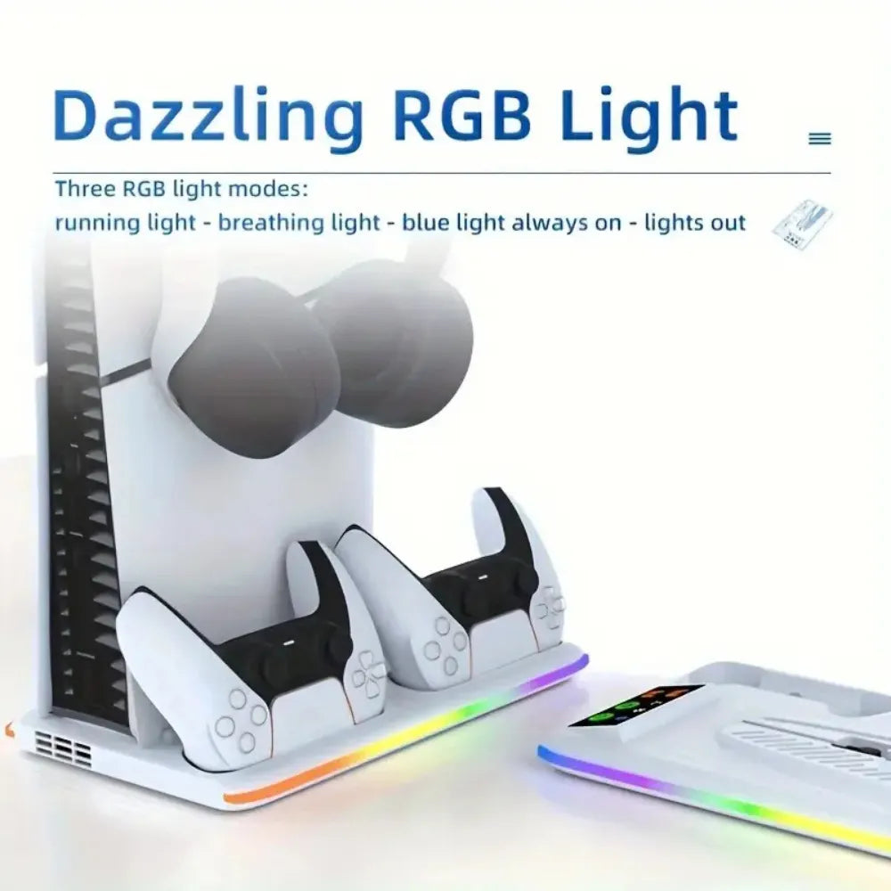 P5 Cooling Stand with RGB LED – Controller Charging Station & 3-Speed Fan for PS5/PS5 Slim/PS5 Pro – White