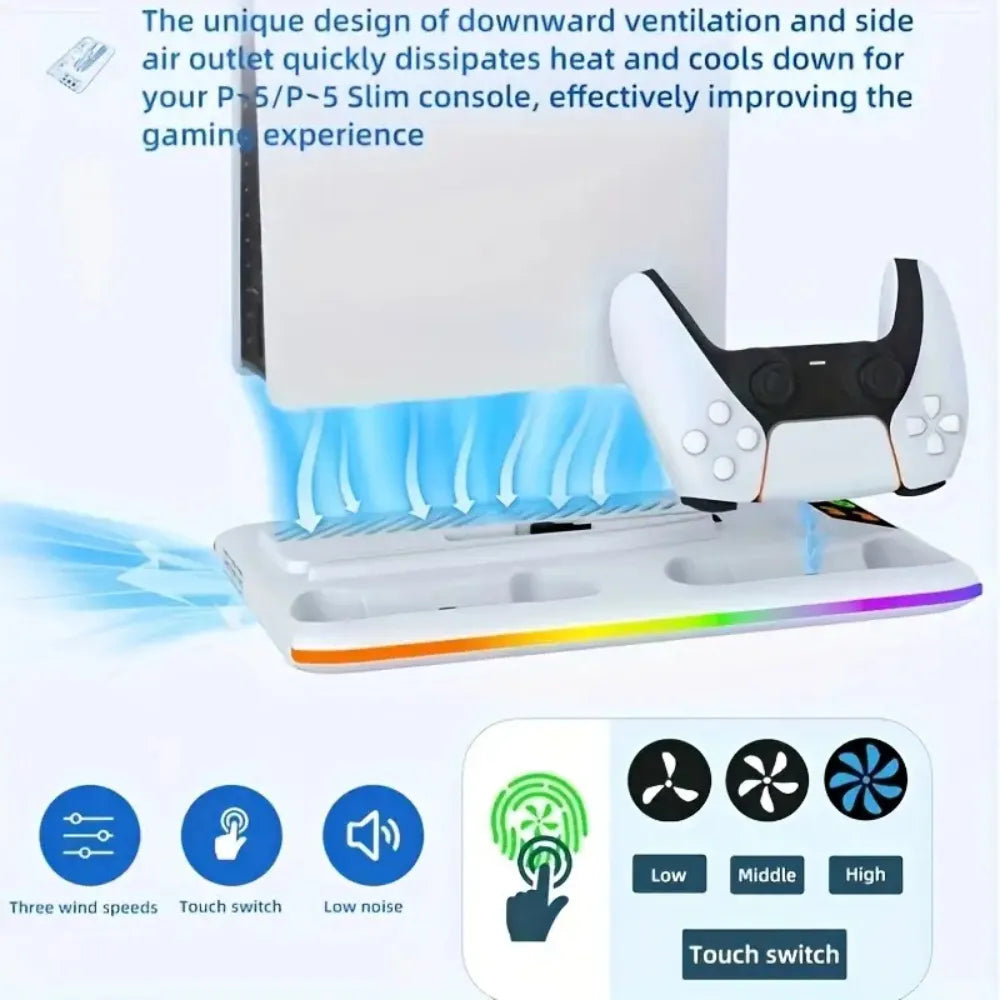 P5 Cooling Stand with RGB LED – Controller Charging Station & 3-Speed Fan for PS5/PS5 Slim/PS5 Pro – White