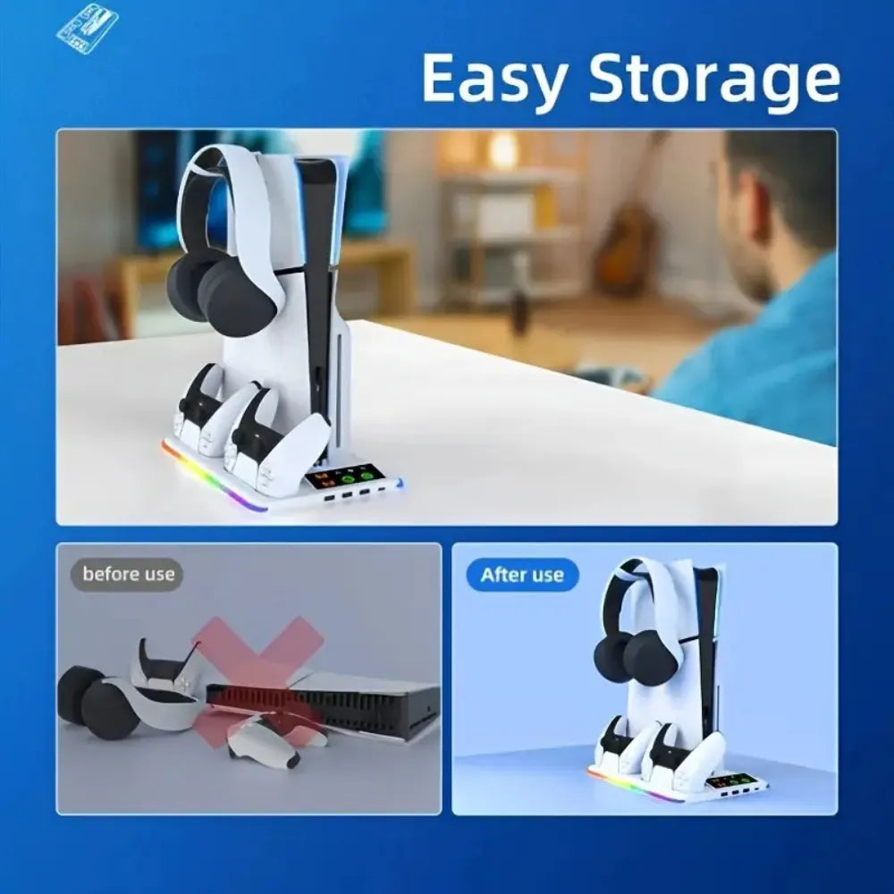 P5 Cooling Stand with RGB LED – Controller Charging Station & 3-Speed Fan for PS5/PS5 Slim/PS5 Pro – White