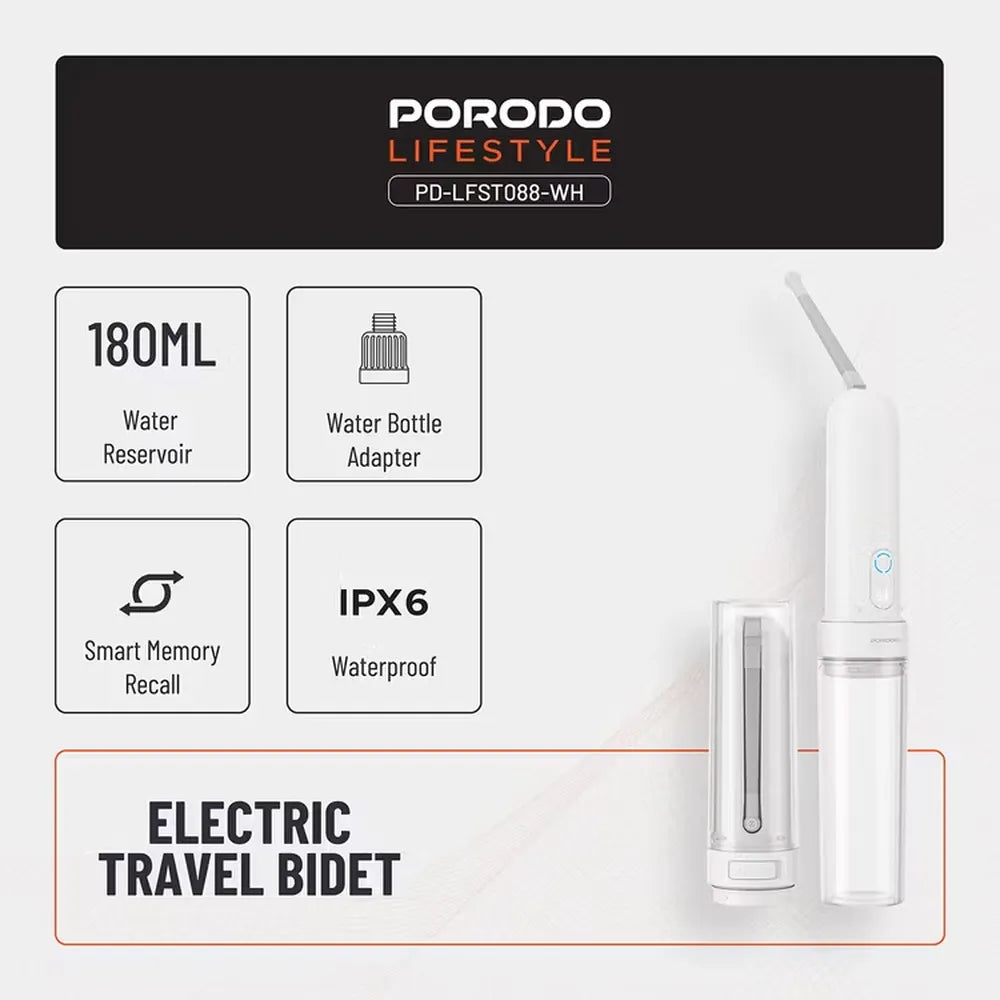 Porodo Lifestyle Electric Travel Bidet 3 Spray Modes 180mL Reservoir Type-C Rechargeable – White