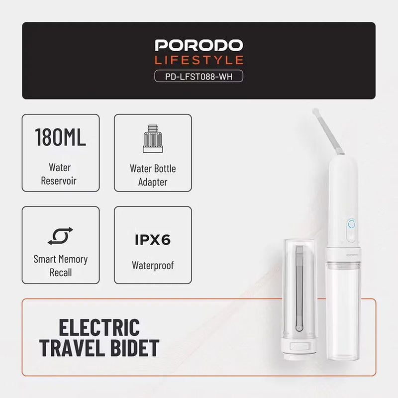Porodo Lifestyle Electric Travel Bidet 3 Spray Modes 180mL Reservoir Type-C Rechargeable – White