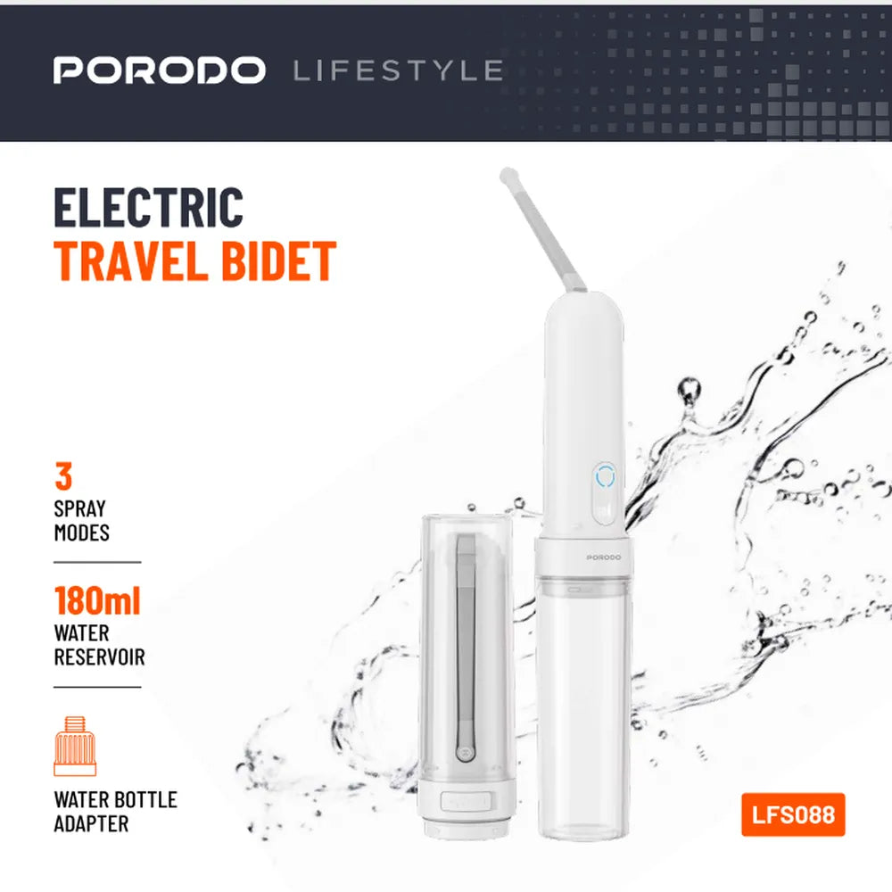 Porodo Lifestyle Electric Travel Bidet 3 Spray Modes 180mL Reservoir Type-C Rechargeable – White