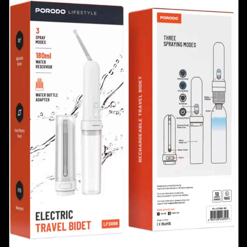 Porodo Lifestyle Electric Travel Bidet 3 Spray Modes 180mL Reservoir Type-C Rechargeable – White