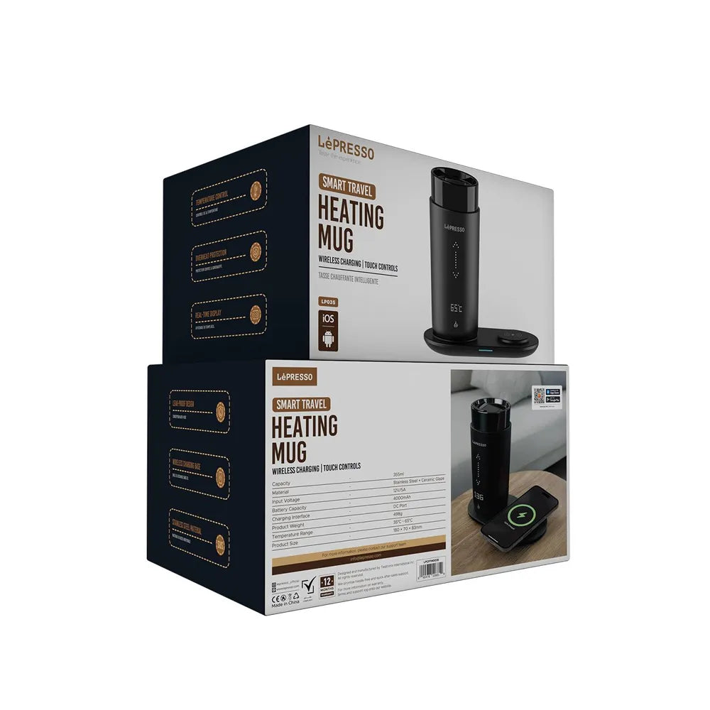 Lepresso Smart Travel Heating Mug 355mL Stainless Steel 4000mAh Battery – Black