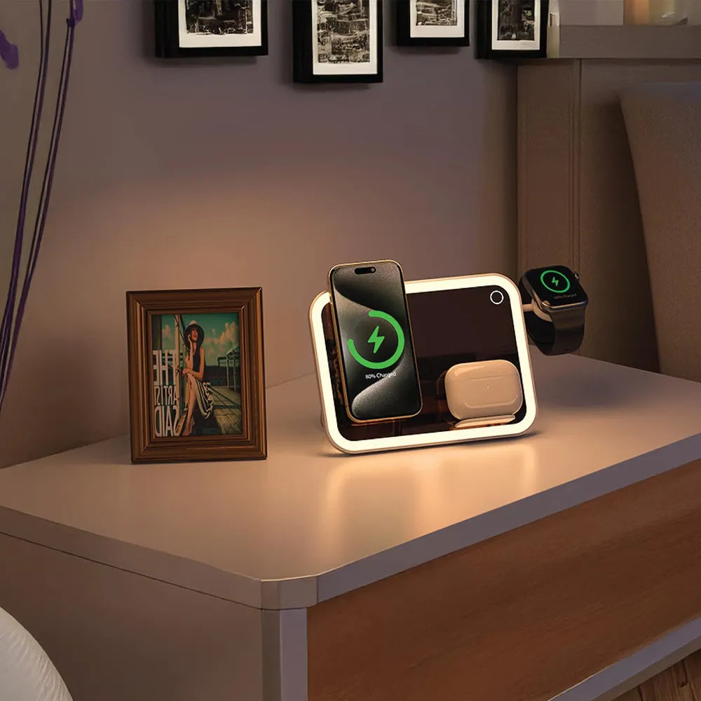 Porodo Wireless Charging Mirror with LED 3 Outputs 10W Fast Charge - White