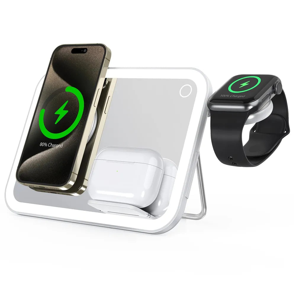 Porodo Wireless Charging Mirror with LED 3 Outputs 10W Fast Charge - White