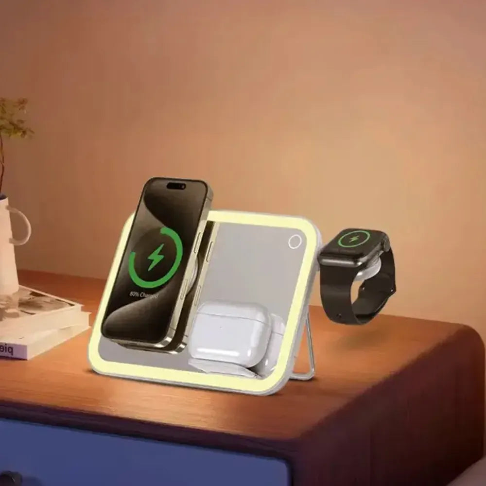 Porodo Wireless Charging Mirror with LED 3 Outputs 10W Fast Charge - White