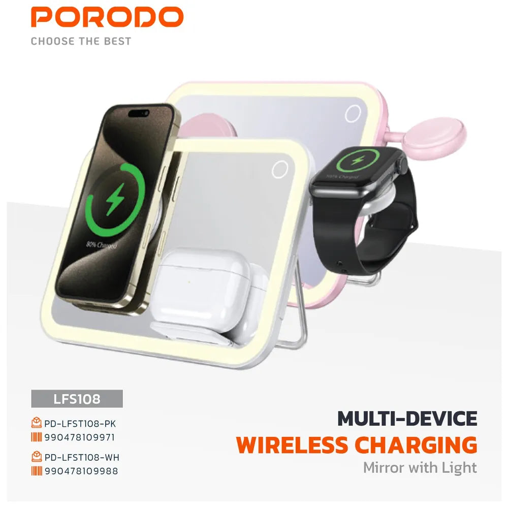 Porodo Wireless Charging Mirror with LED 3 Outputs 10W Fast Charge - White