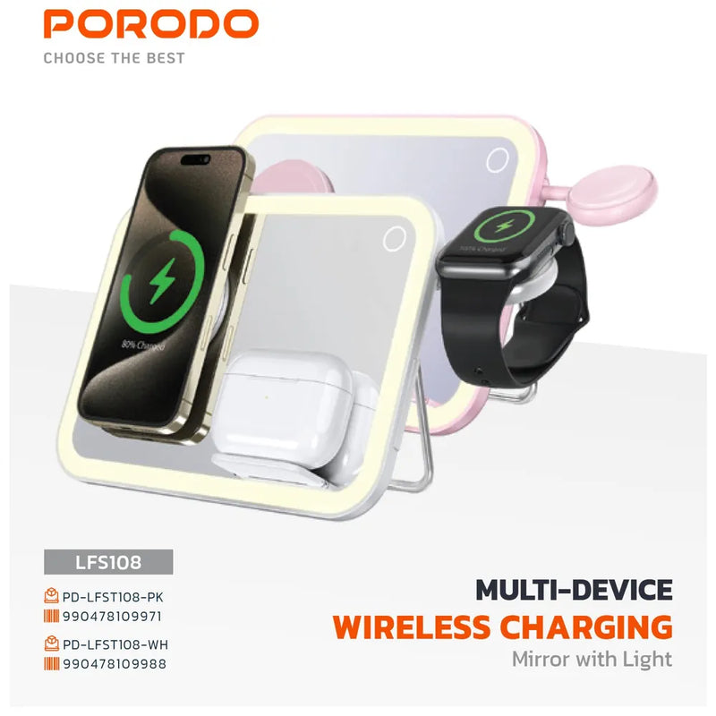 Porodo Wireless Charging Mirror with LED 3 Outputs 10W Fast Charge - White