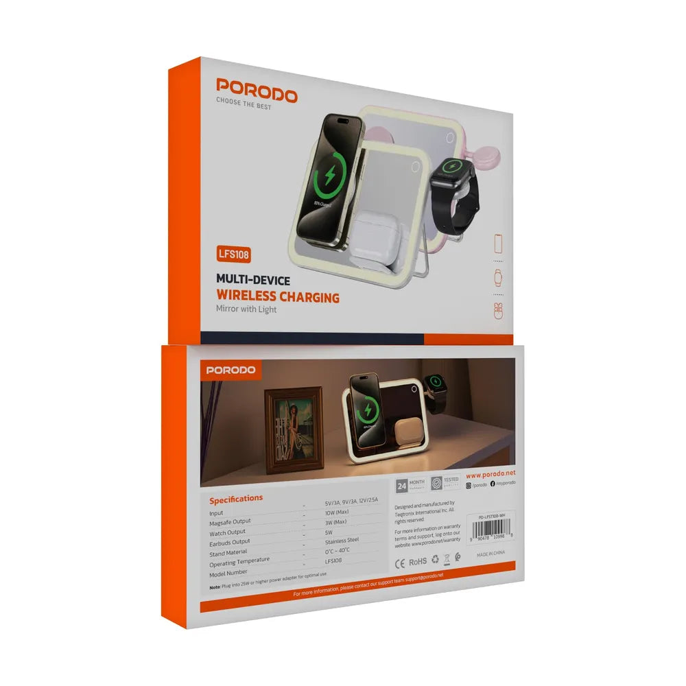 Porodo Wireless Charging Mirror with LED 3 Outputs 10W Fast Charge - White
