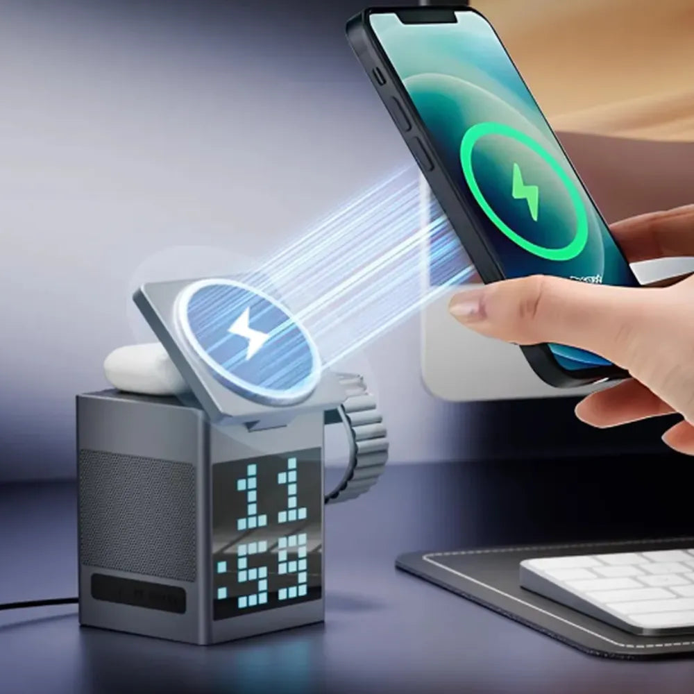 Pixel Bluetooth Speaker with Wireless Charging 15W RGB Clock Display – Black