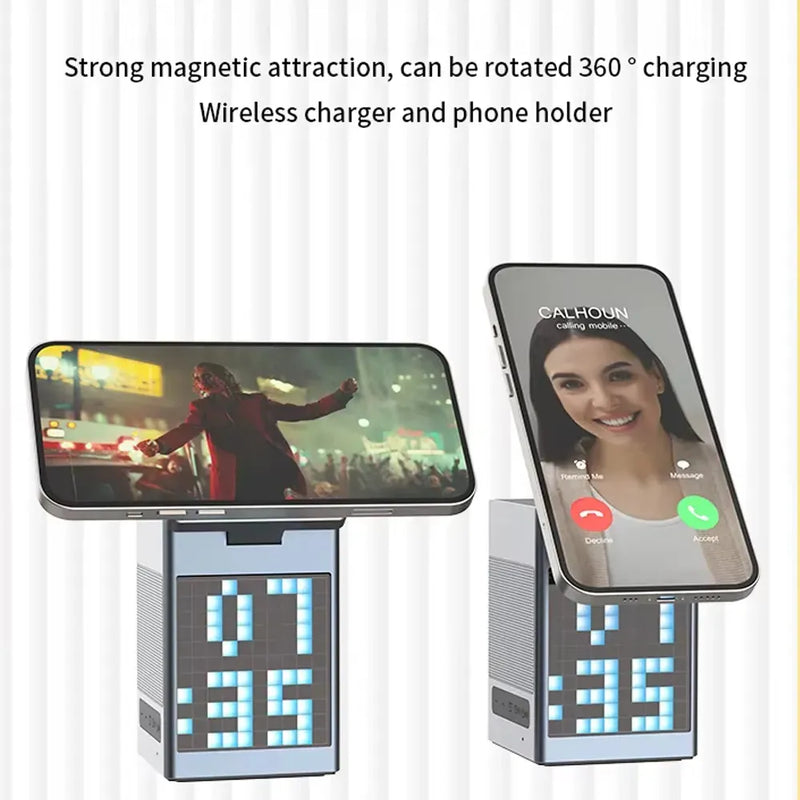 Pixel Bluetooth Speaker with Wireless Charging 15W RGB Clock Display – Black