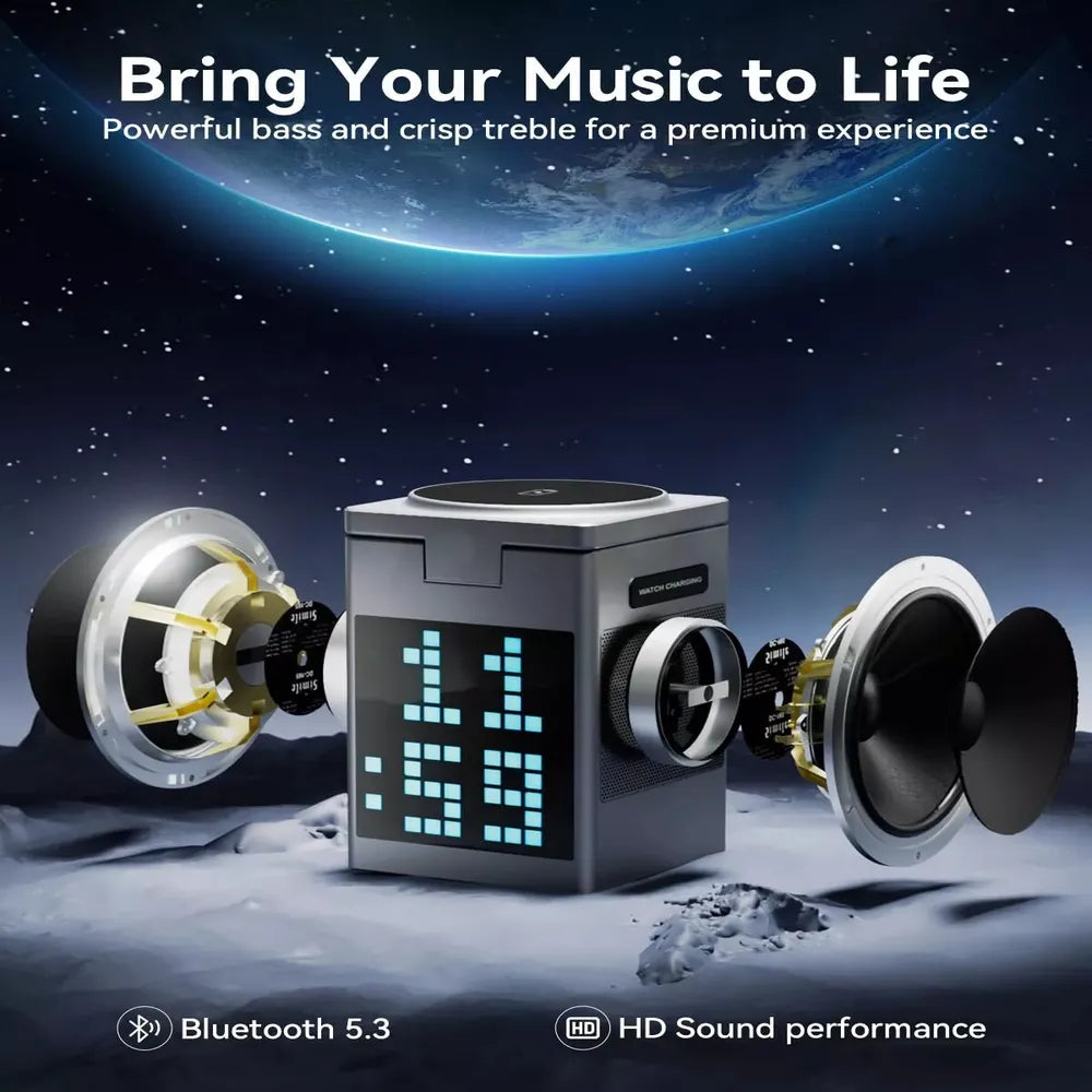 Pixel Bluetooth Speaker with Wireless Charging 15W RGB Clock Display – Black