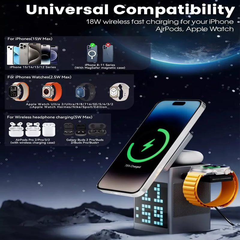 Pixel Bluetooth Speaker with Wireless Charging 15W RGB Clock Display – Black