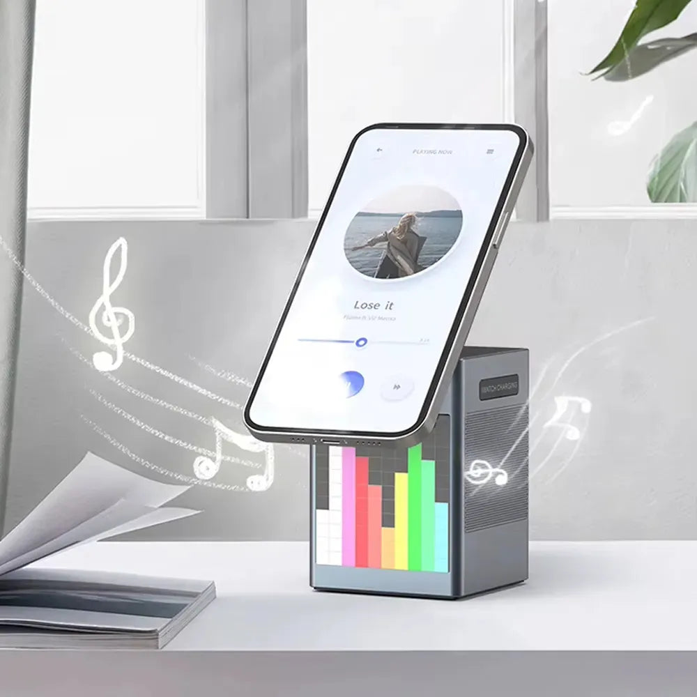 Pixel Bluetooth Speaker with Wireless Charging 15W RGB Clock Display – Black