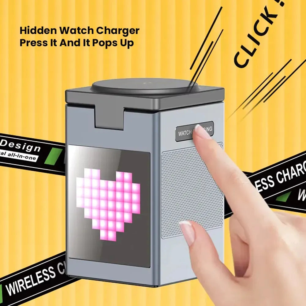 Pixel Bluetooth Speaker with Wireless Charging 15W RGB Clock Display – Black