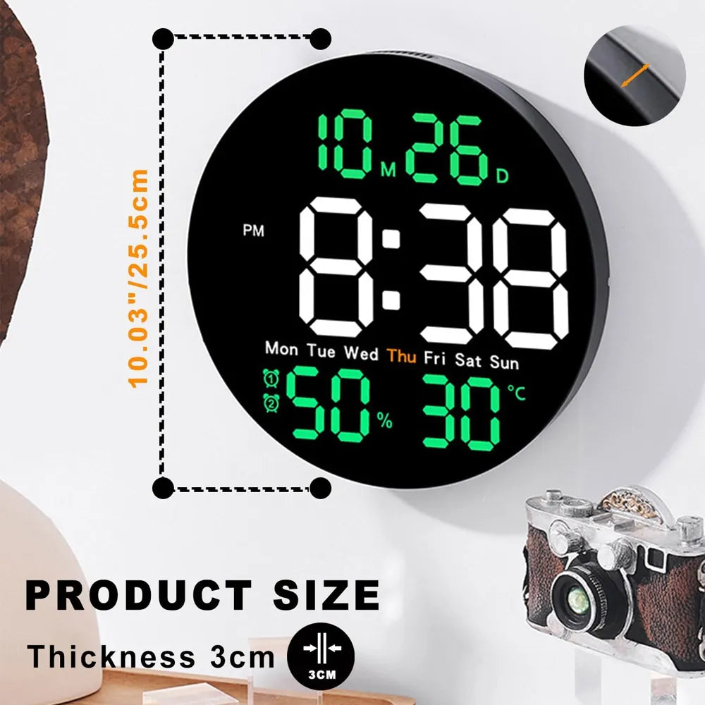 LED Digital Wall Clock Large 10" Display USB Powered Remote Control