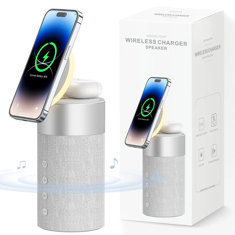 2 in 1 Magnetic Wireless Charger Bluetooth Speakers with Night Light Stable Magsafe Phone Stand USB Type C Compatible With iPhone & AirPods