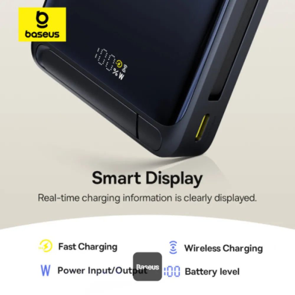 Baseus Namos Qi2 3-in-1 Magnetic Power Bank – 10000mAh, 45W Fast Charging, Built-in USB-C Cable, Wireless Charging & Kickstand