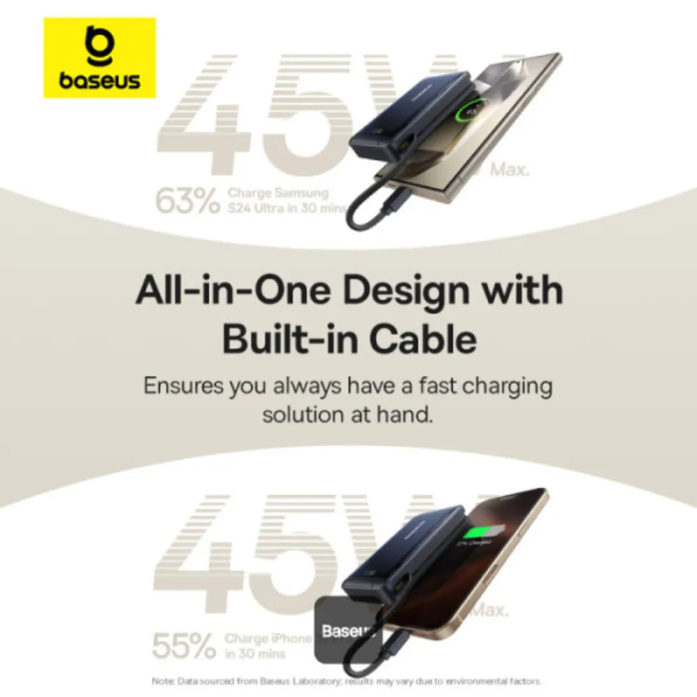 Baseus Namos Qi2 3-in-1 Magnetic Power Bank – 10000mAh, 45W Fast Charging, Built-in USB-C Cable, Wireless Charging & Kickstand