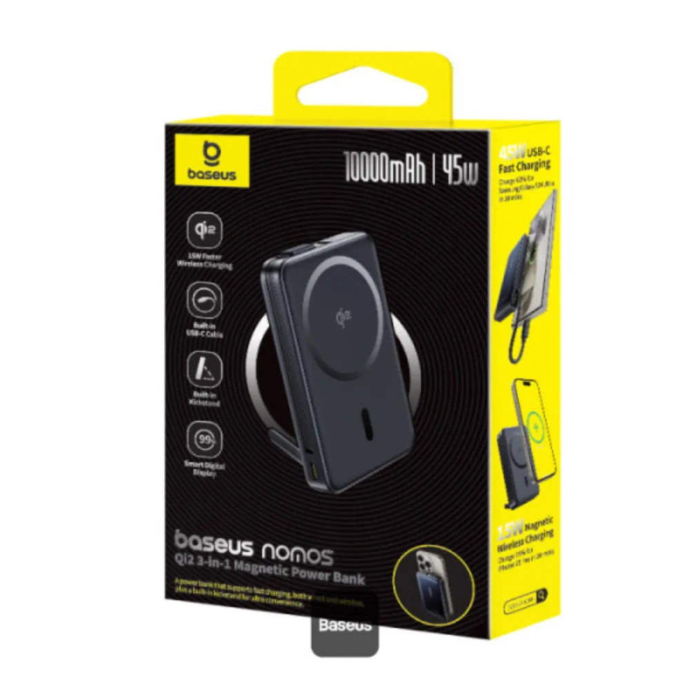 Baseus Namos Qi2 3-in-1 Magnetic Power Bank – 10000mAh, 45W Fast Charging, Built-in USB-C Cable, Wireless Charging & Kickstand