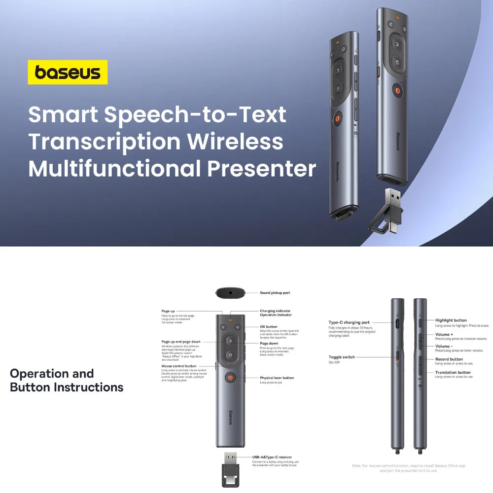 Baseus Wireless Presentation Remote with Laser Pointer – USB Receiver + Type-C Charging, Slide Control & Mouse Functionality