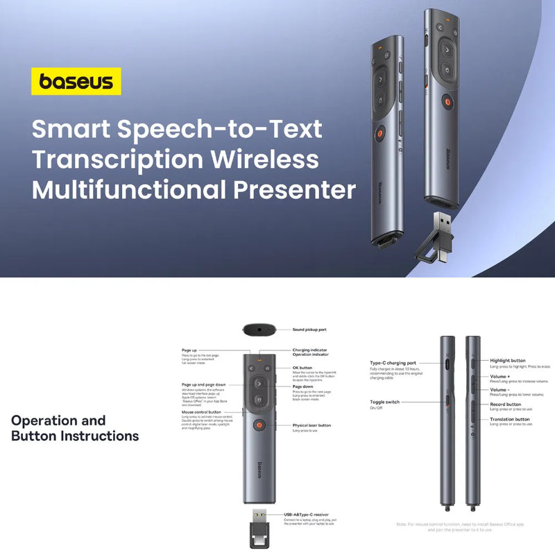 Baseus Wireless Presentation Remote with Laser Pointer – USB Receiver + Type-C Charging, Slide Control & Mouse Functionality