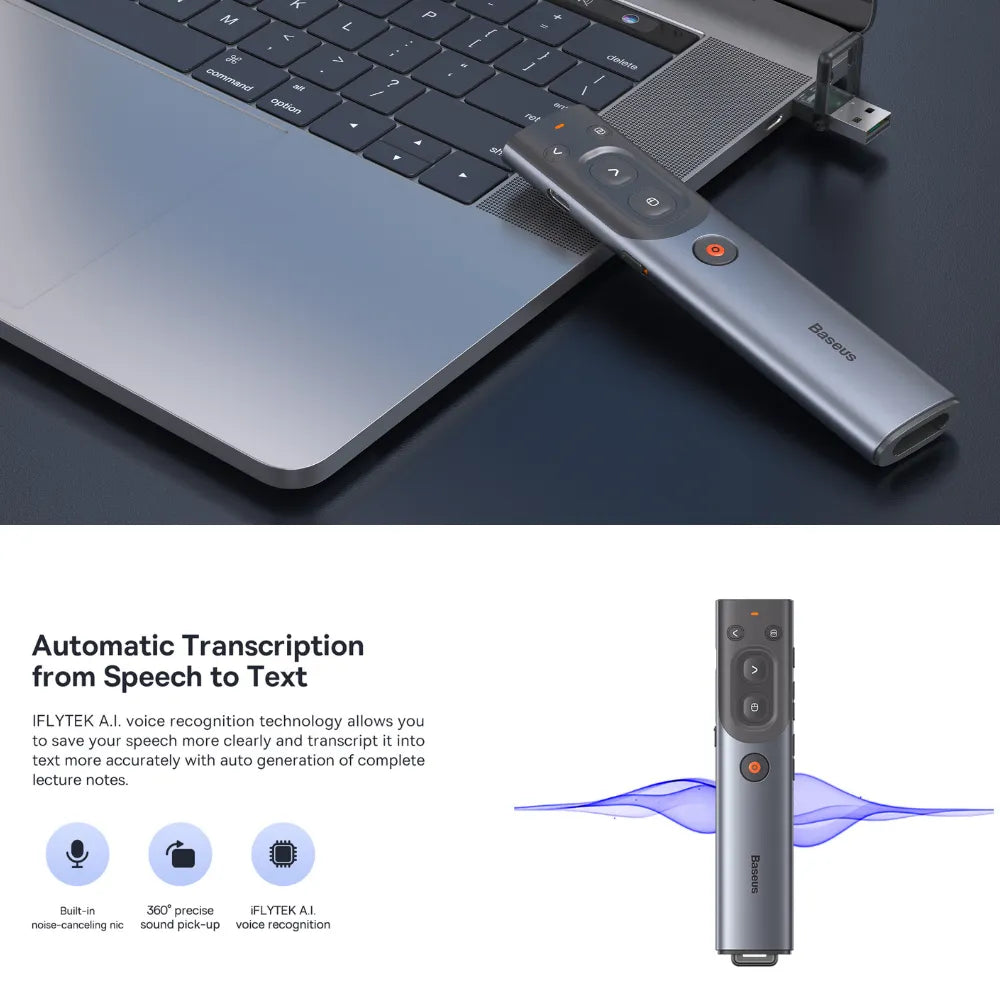 Baseus Wireless Presentation Remote with Laser Pointer – USB Receiver + Type-C Charging, Slide Control & Mouse Functionality